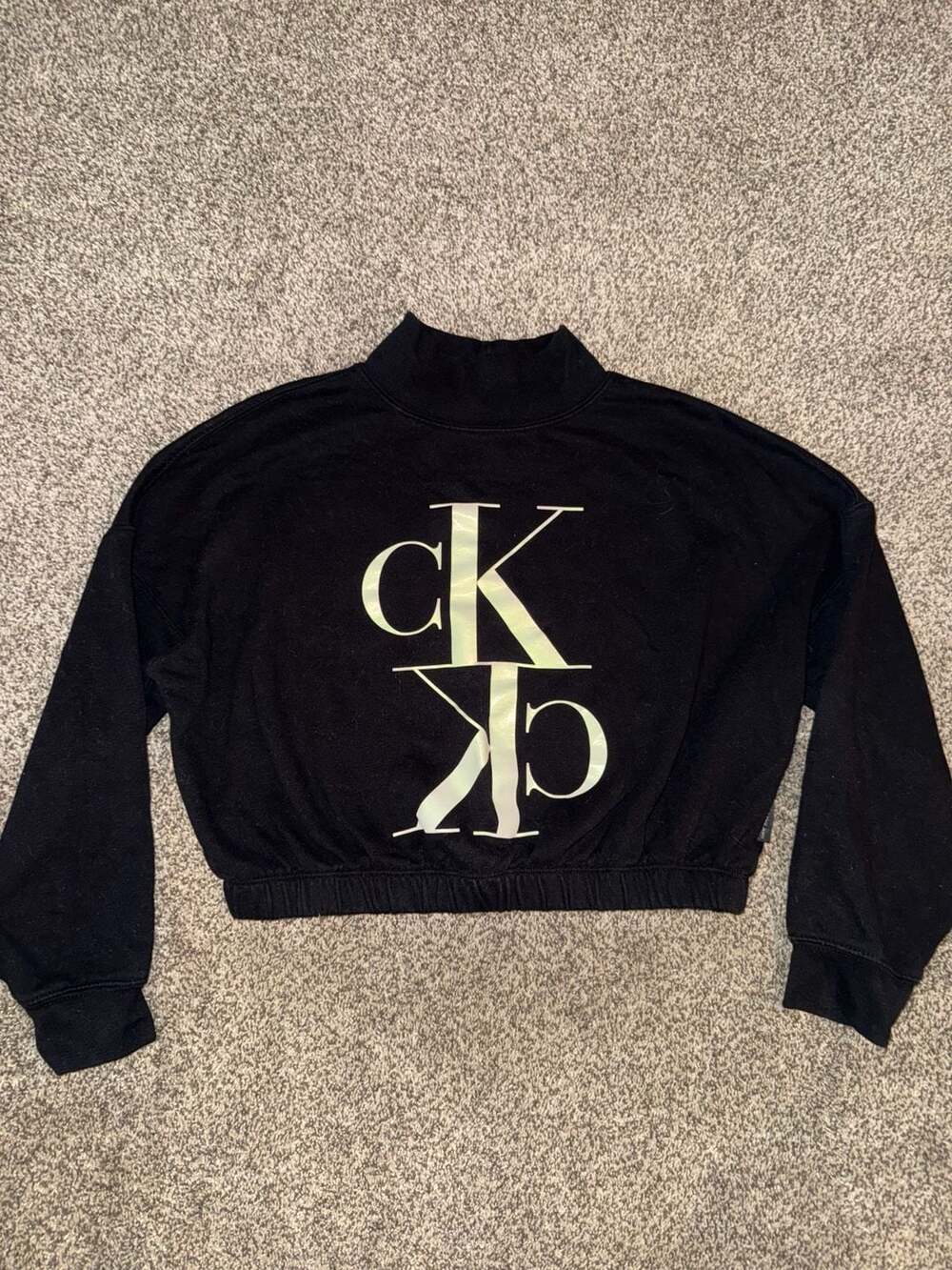 Calvin Klein Jeans Women's Black Cropped Mock Neck Sweatshirt with Monogram Logo